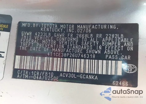 2006 Toyota Camry Solara Se z USA, uszkodzony, nr VIN 4T1CE38P26U746318